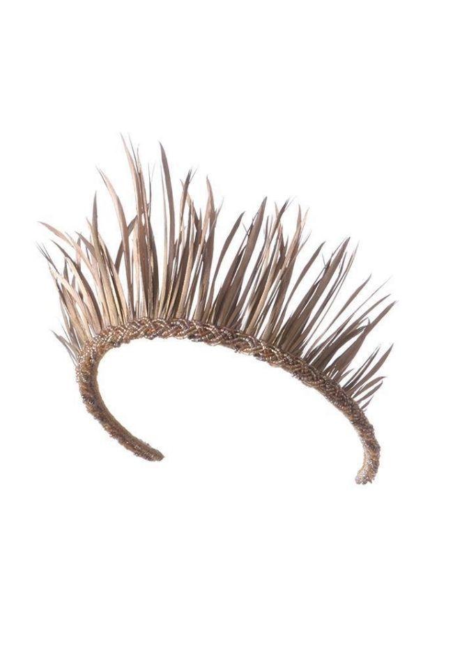 Gold feather crown designer headpiece from Luxury Headwear collection by Emily London