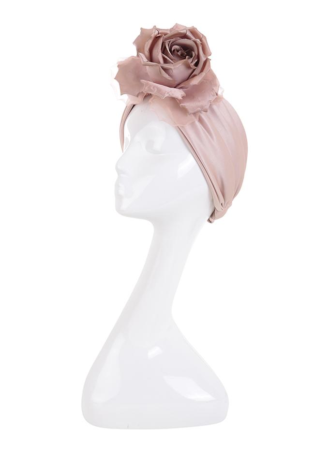 Designer headwrap in nude pink silk with flower detail
