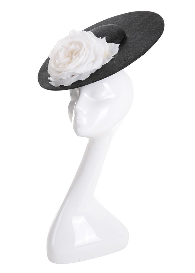 Designer wide-brim black hat with white flower