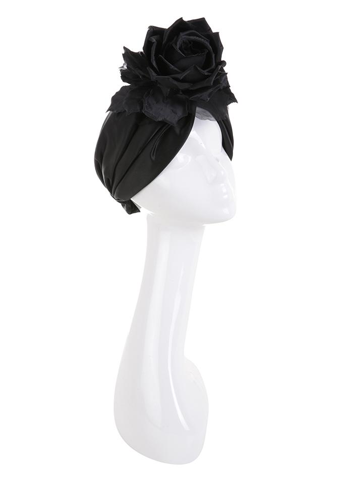 Designer black silk head wrap with flower detail