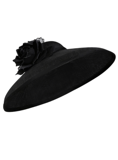 Black wide brimmed Ixelles straw hat with floral attachment
