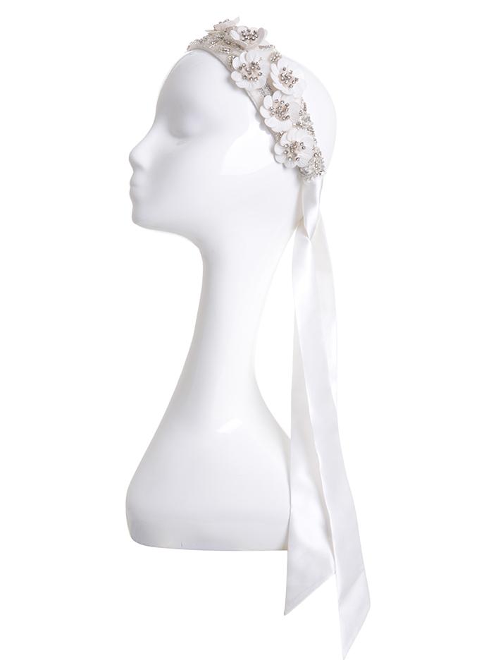 Luxury bridal headpiece with silk ties & embellished with flowers and crystals