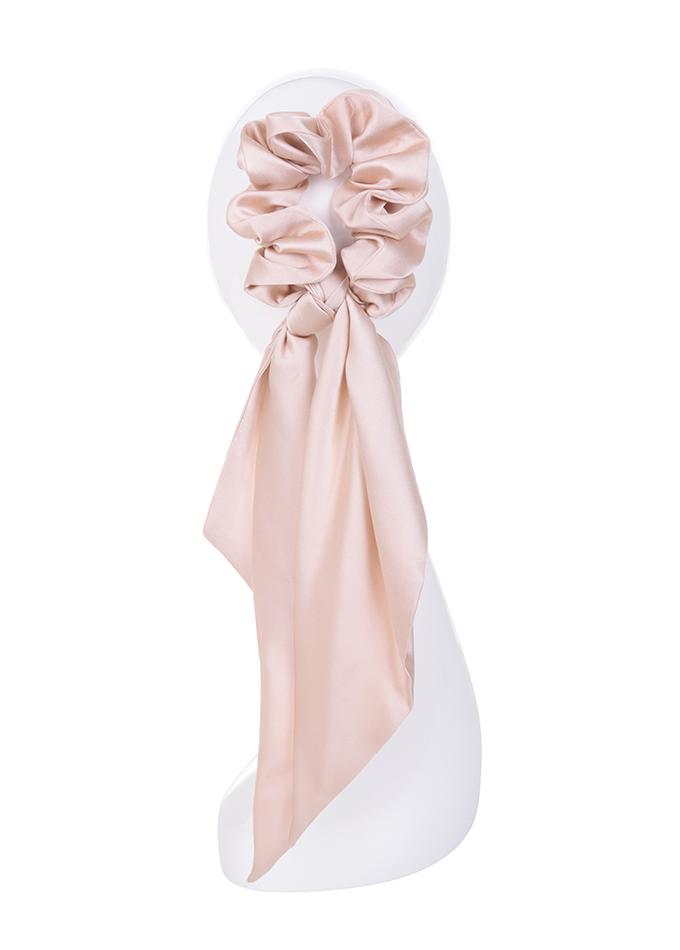 Designer silk scarf scrunchie in nude pink silk