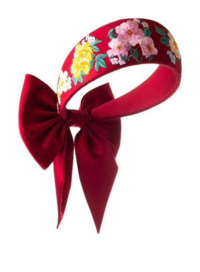 Red Bloem crescent halo headpiece with floral embroidery by Alice Archer
