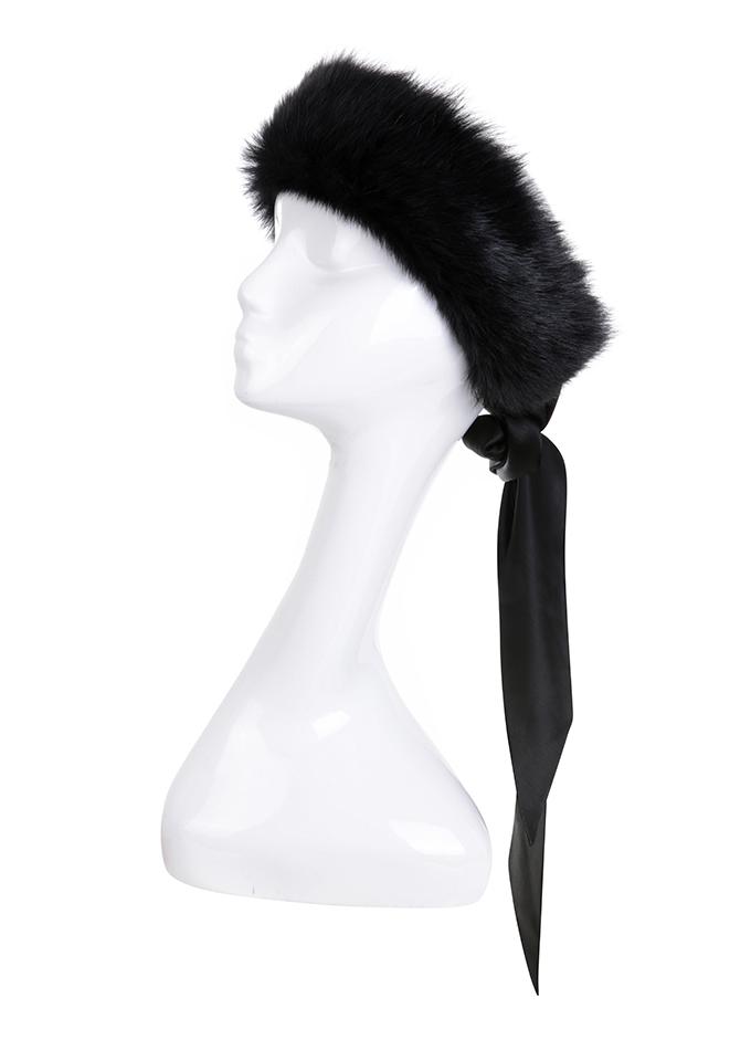 Designer black shearling head wrap with black silk ties