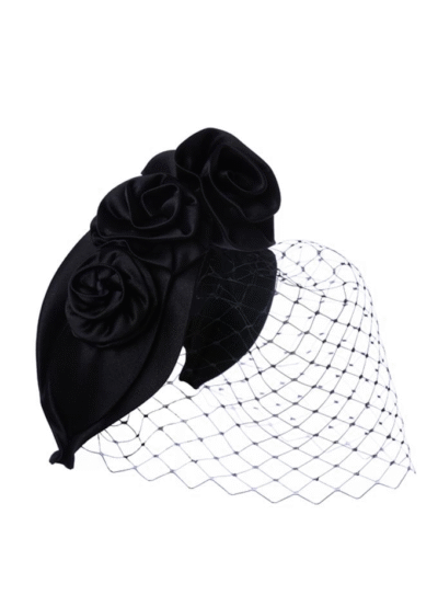 Black silk Itzel headpiece with five silk roses across crown and veil