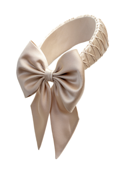 Cream Sotheby silk crescent halo headpiece with silk bow at back