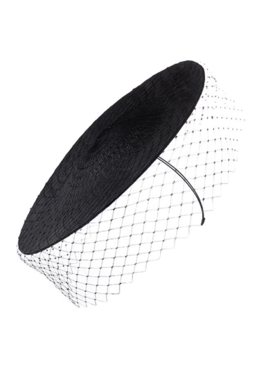 Black Zaehtia disc straw hat with uniform veil around circumference