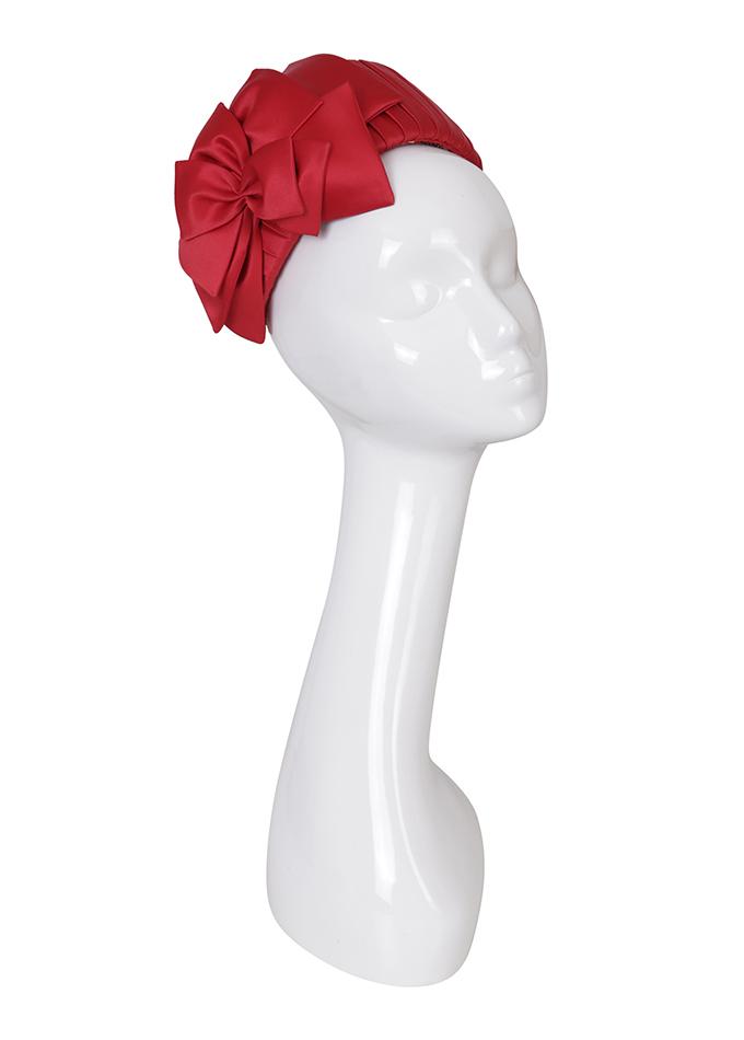 Designer hatband in red pleated silk with bows