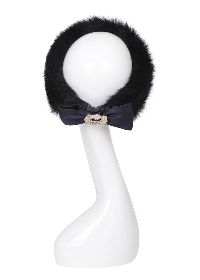 Designer shearling head wrap in navy with crystal buckle detail