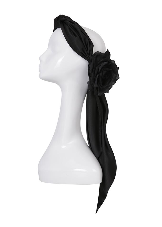 Designer black silk headwrap with ties and flower detail