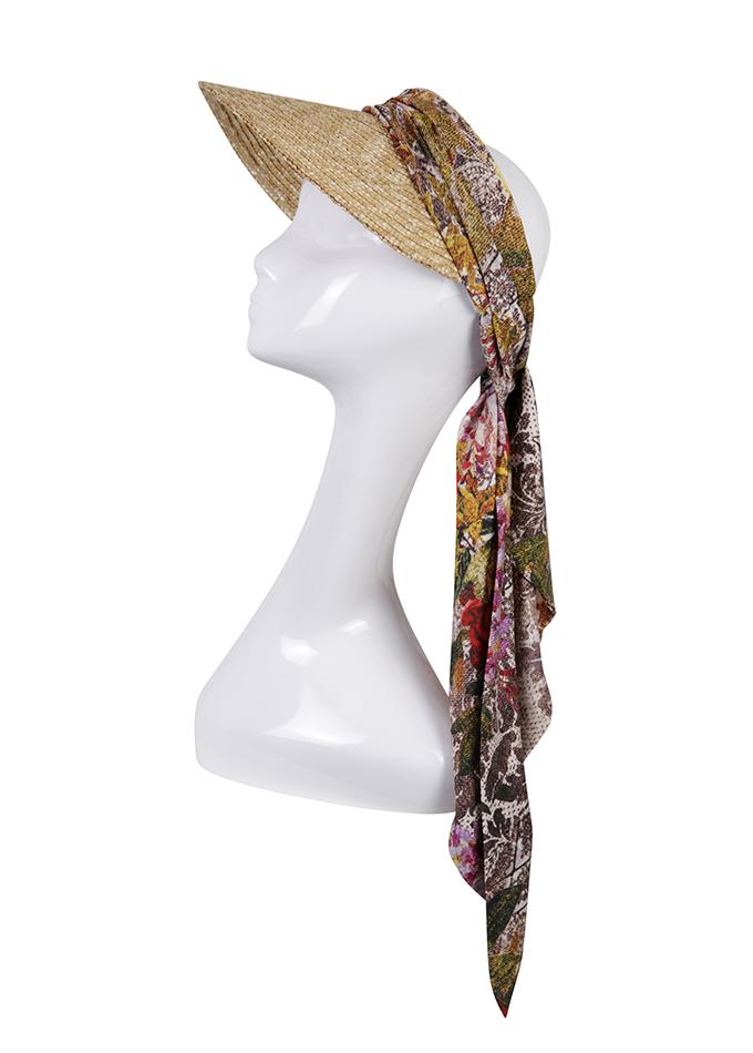 Raffia straw visor with printed silk scarf tie