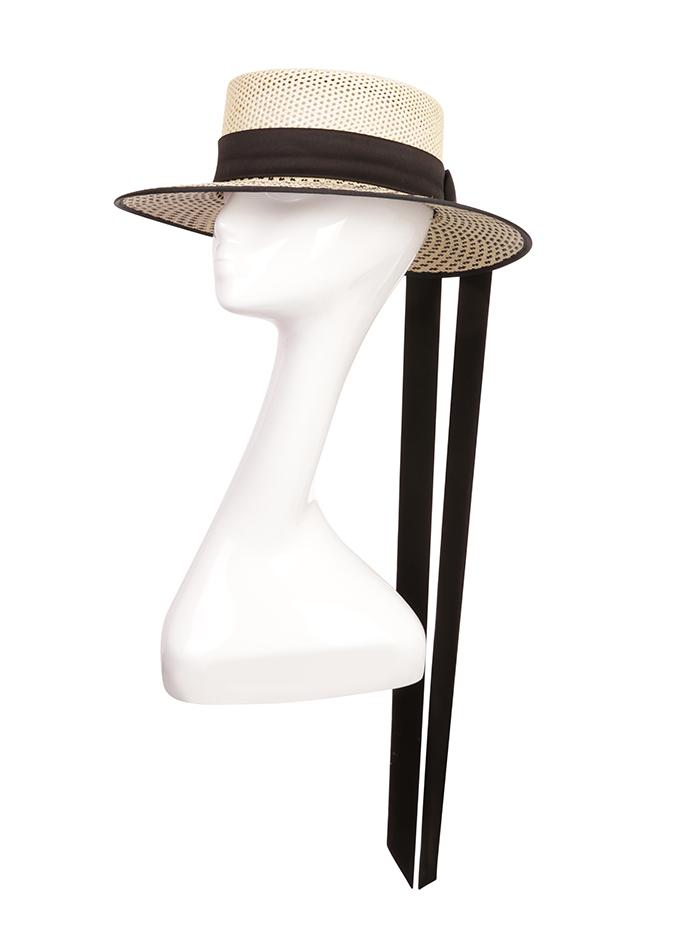 Designer Panama boater style hat with black silk tails