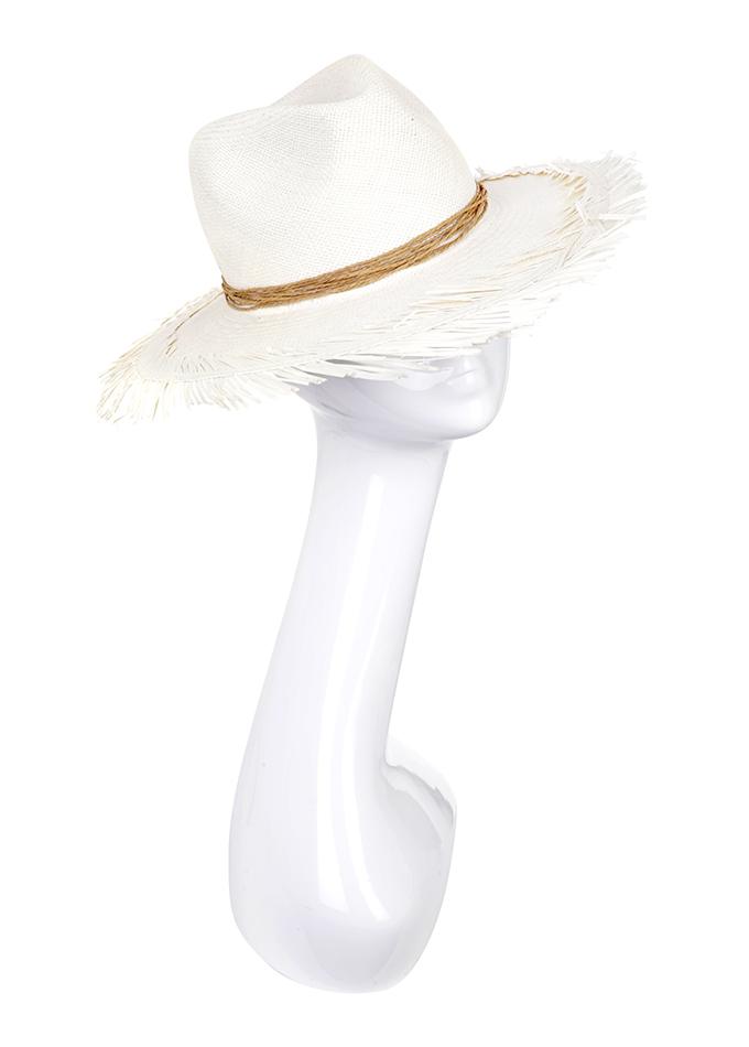 Women's Panama straw hat with frayed brim and raffia trim on mannequin