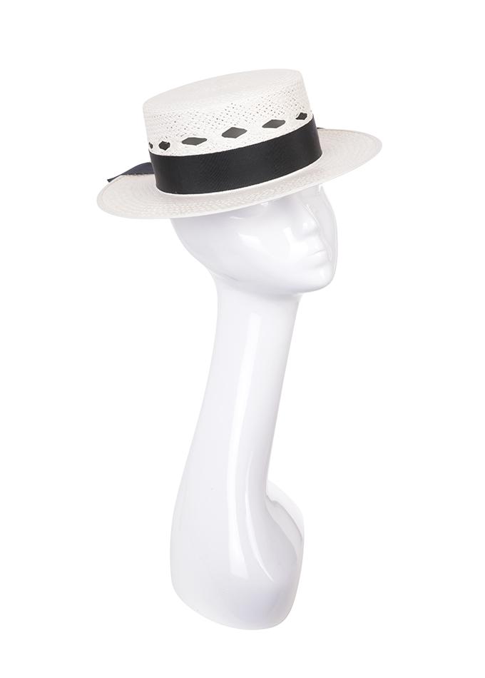 Women's Panama hat with black grosgrain ribbon and crown cut-out detail on mannequin