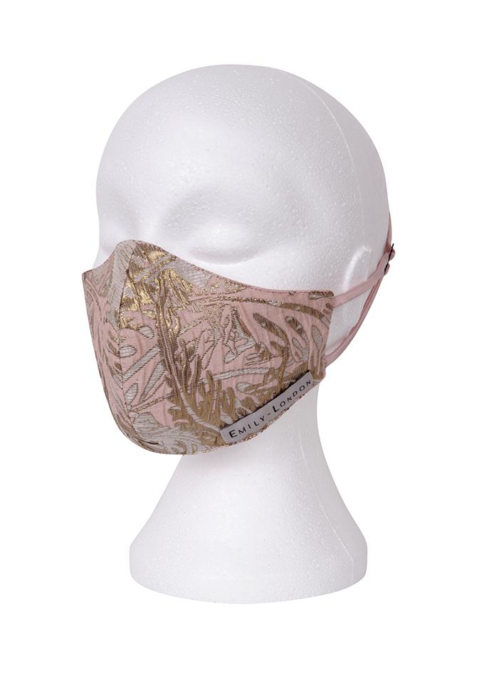 Luxury women's face covering in blush pink and gold silk brocade on mannequin
