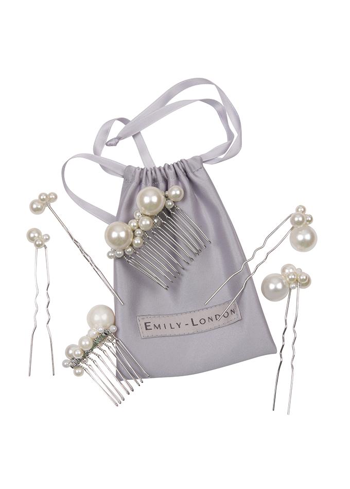 Set of pearl hair pins and pearl comb hair accessory with branded silk pouch