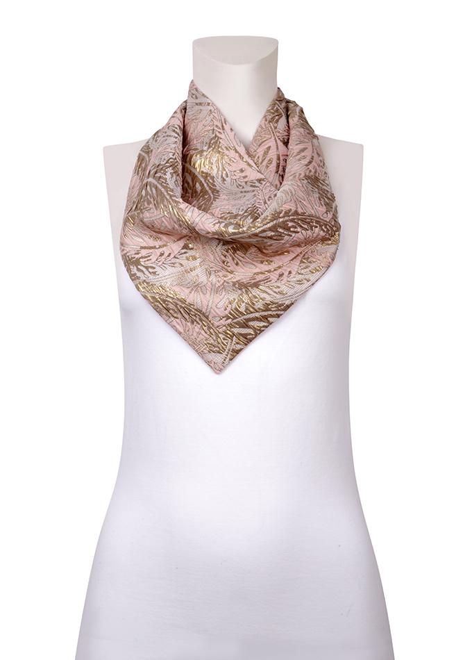 Luxury women's blush pink and gold silk brocade scarf and face covering on mannequin