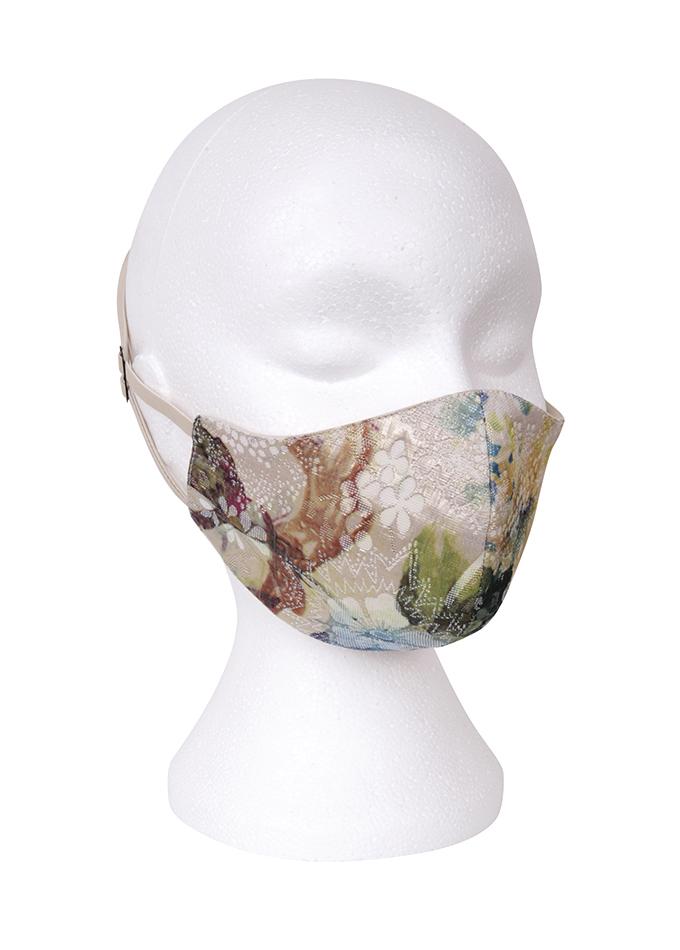 Luxury women's face covering in floral silk brocade on mannequin