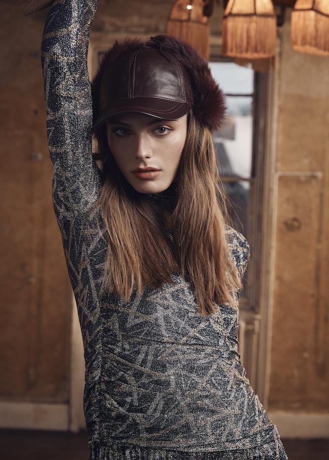 Oxblood shearling leather baseball cap on model