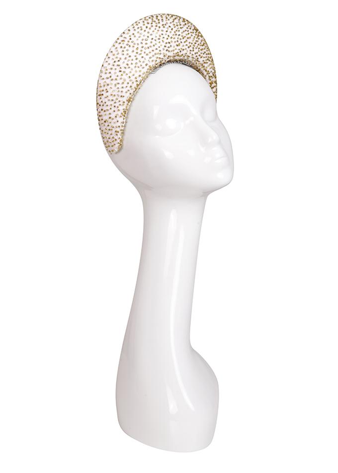 Statement headband crown in embellished gold beaded silk on mannequin