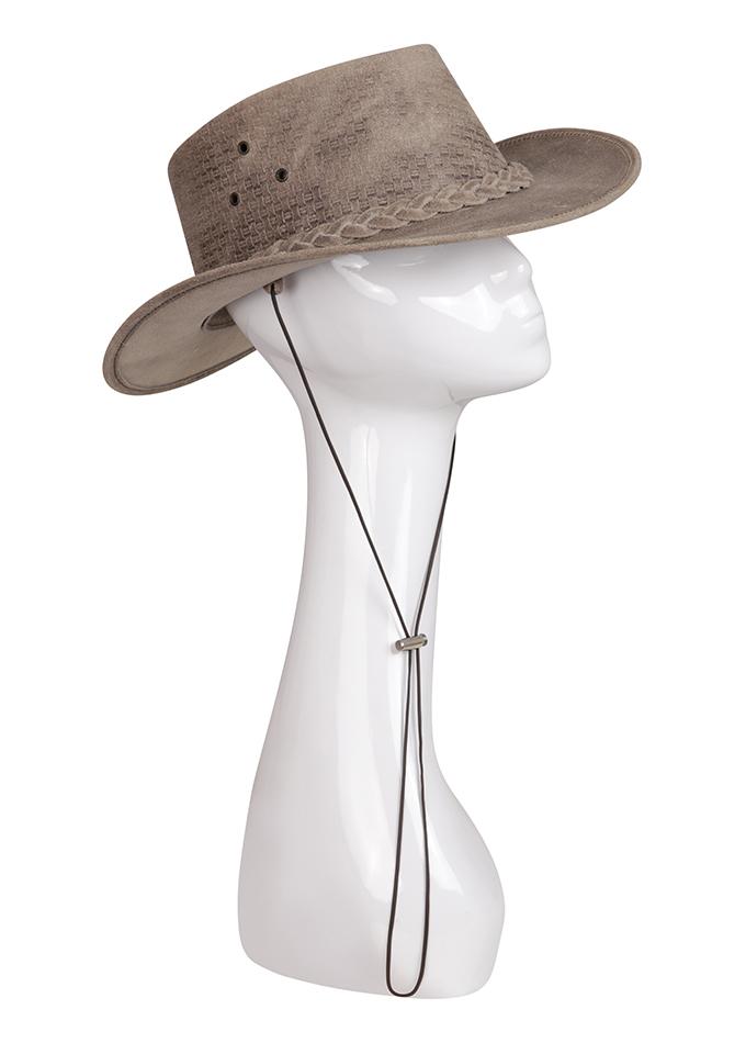 Fawn brown leather outback hat with toggle chin strap on mannequin