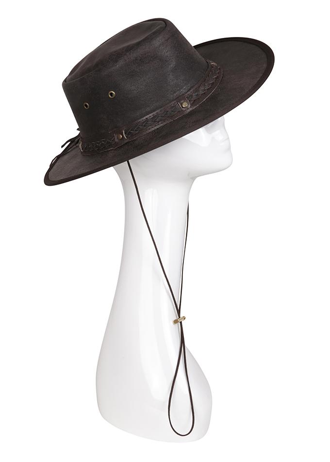 Dark brown outback hat with toggle chin strap on mannequin