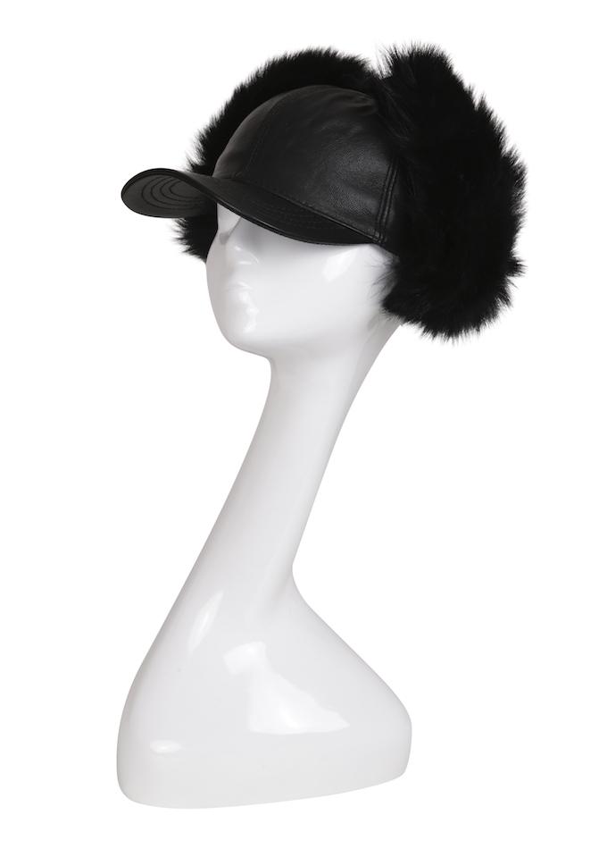 Black leather baseball cap with shearling detail on mannequin