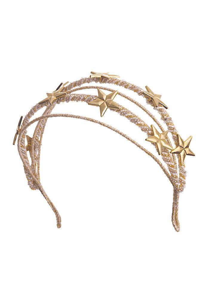 Luxury Orion gold headband displayed against white background to show embellished stars