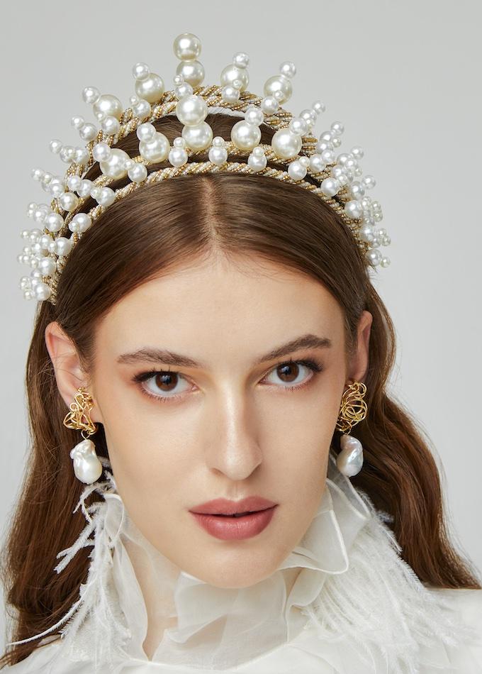 Gold beaded supersized pearl crown on model