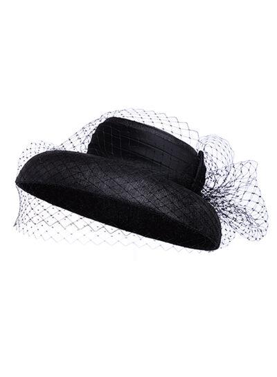 Black straw Audrey Hepburn style down-brim hat with veil