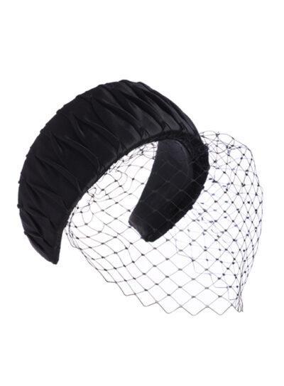 Black smocked silk hatband with removable veil