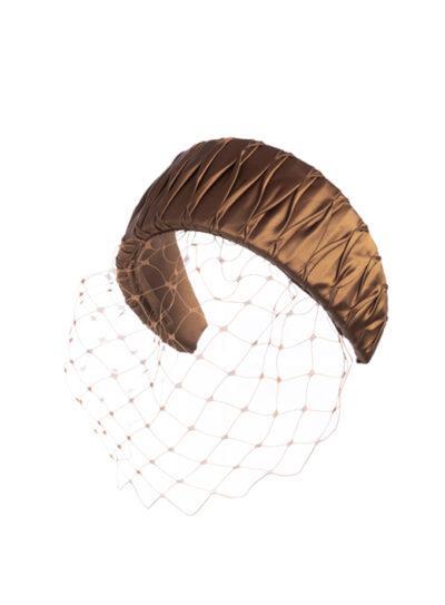Bronze smocked silk hatband with removable veil
