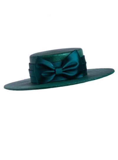 Green straw boater style hat with duchess silk bow band
