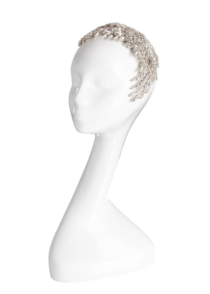 Crystal winged headpiece on mannequin