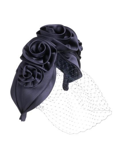 Navy silk rosette headpiece with removable veil