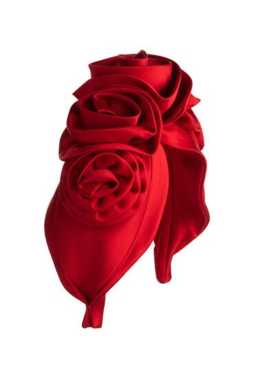 Red silk rosette headpiece