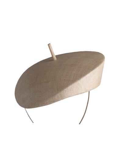 Natural straw beret style pillbox hat with cigarette trim