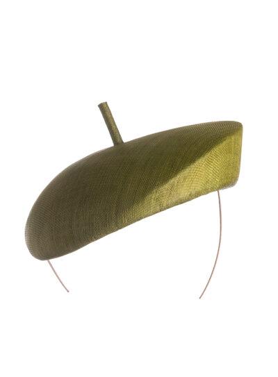 Chartreuse green straw beret style pillbox hat with cigarette trim