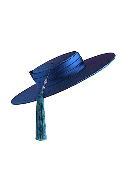 Blue straw wide-brimmed boater hat with silk band and tasselled hat pin