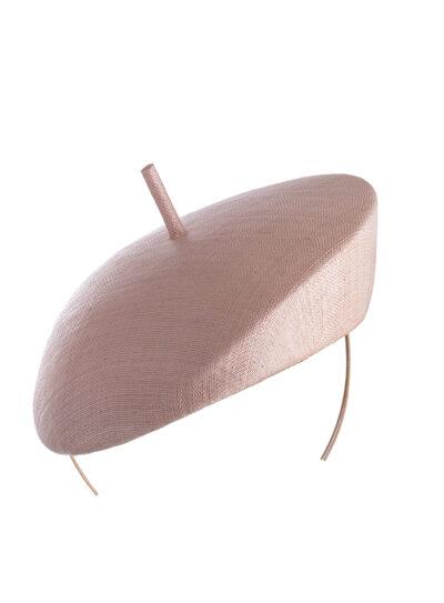 Pale pink straw beret style pillbox hat with cigarette trim