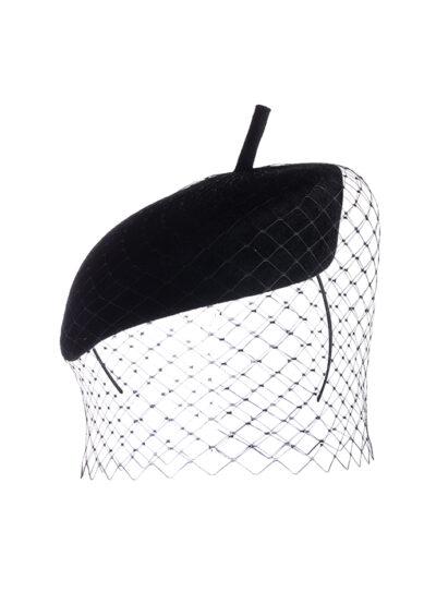 Black felt beret pillbox hat with veil