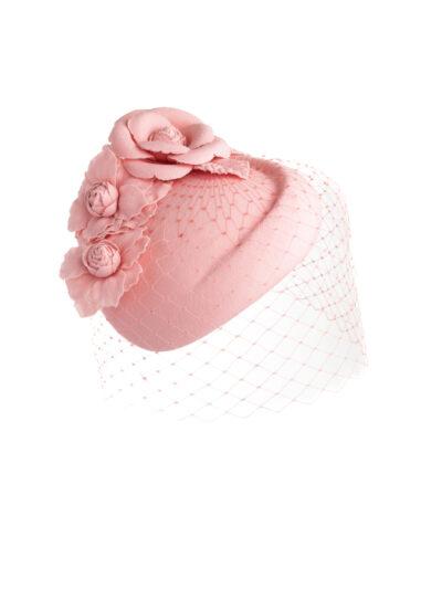 Emily-London pale pink pillbox hat with veil and flowers