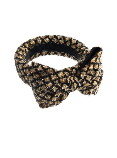 Emily-London pillbox hat in black and gold bouclé in the style of Jackie O