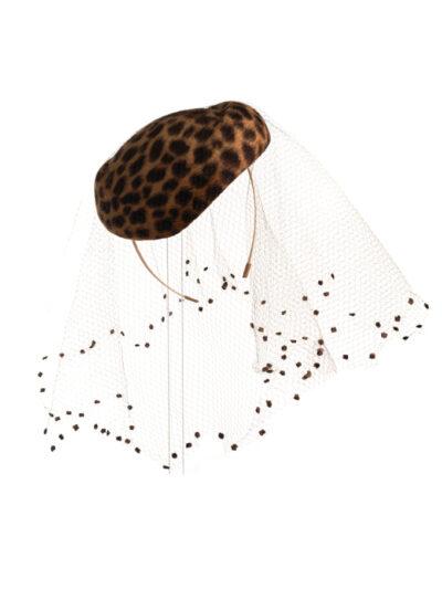 Emily-London leopard print felt pillbox hat with long veil