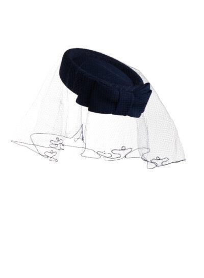 Emily-London navy pillbox hat with long veil