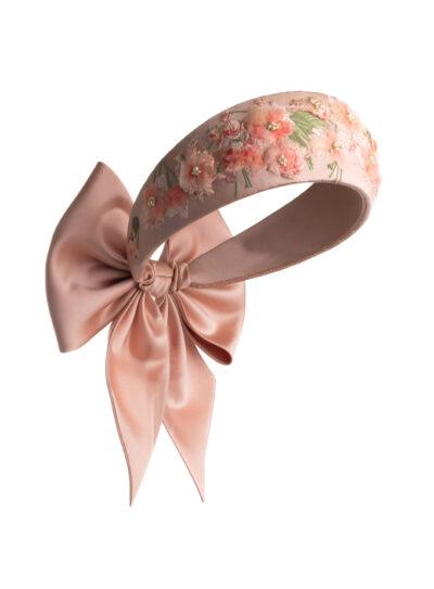 Blush pink silk embroidered floral headpiece with bow