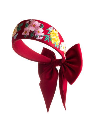 Red silk embroidered floral headpiece with bow