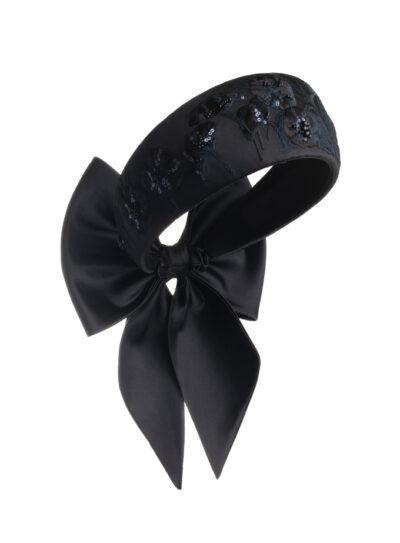 Black silk embroidered floral headpiece with bow