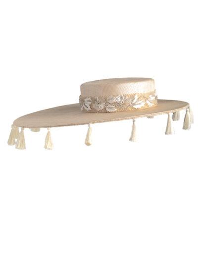 Emily-London natural wide-brimmed hat with cream silk tassels and embellished trim